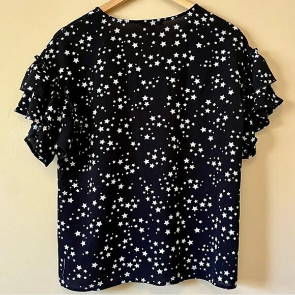 PLEIONE Ruffle Short Sleeve V Neck Black White  Stars Top Shirt Size US Small - Picture 5 of 6